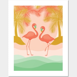 Boho illustration with Flamingos chilling out on the beach surrounded by palm trees. Posters and Art